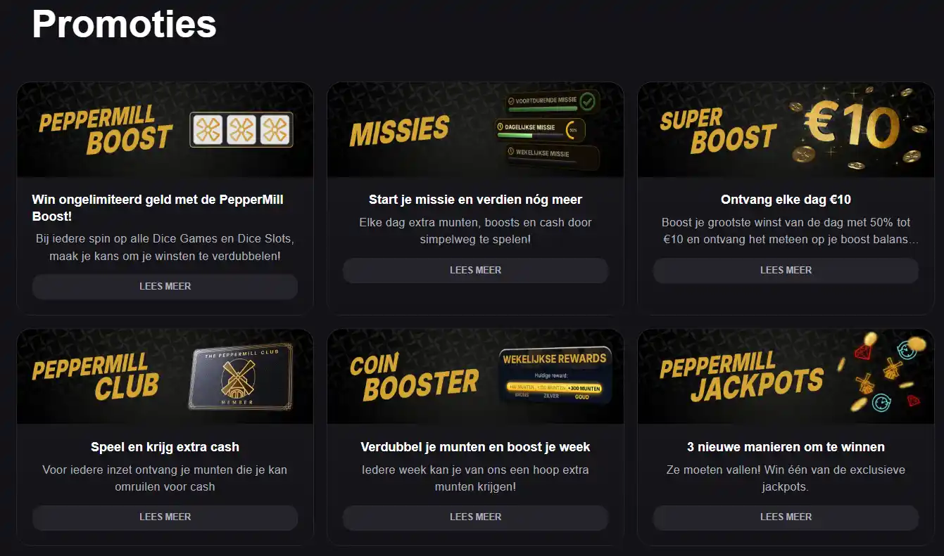 PepperMill promotiespagina met Boost, missies en Club