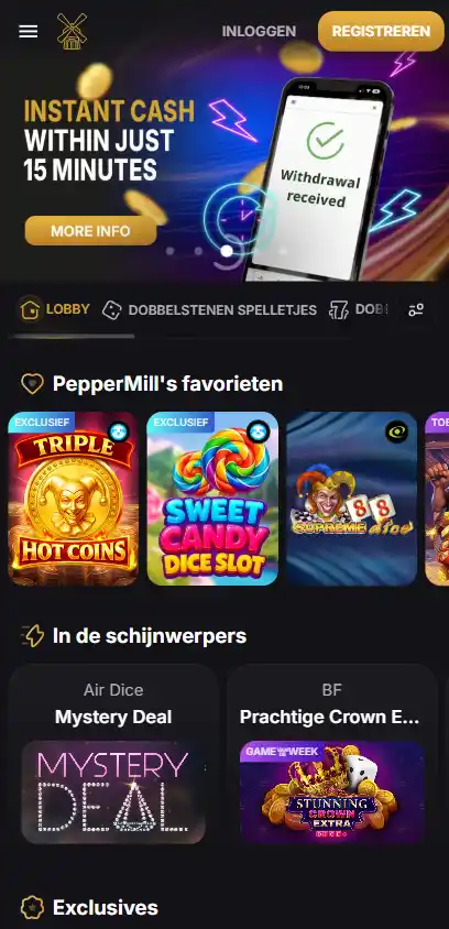 PepperMill Casino in een mobiele browser op een smartphone