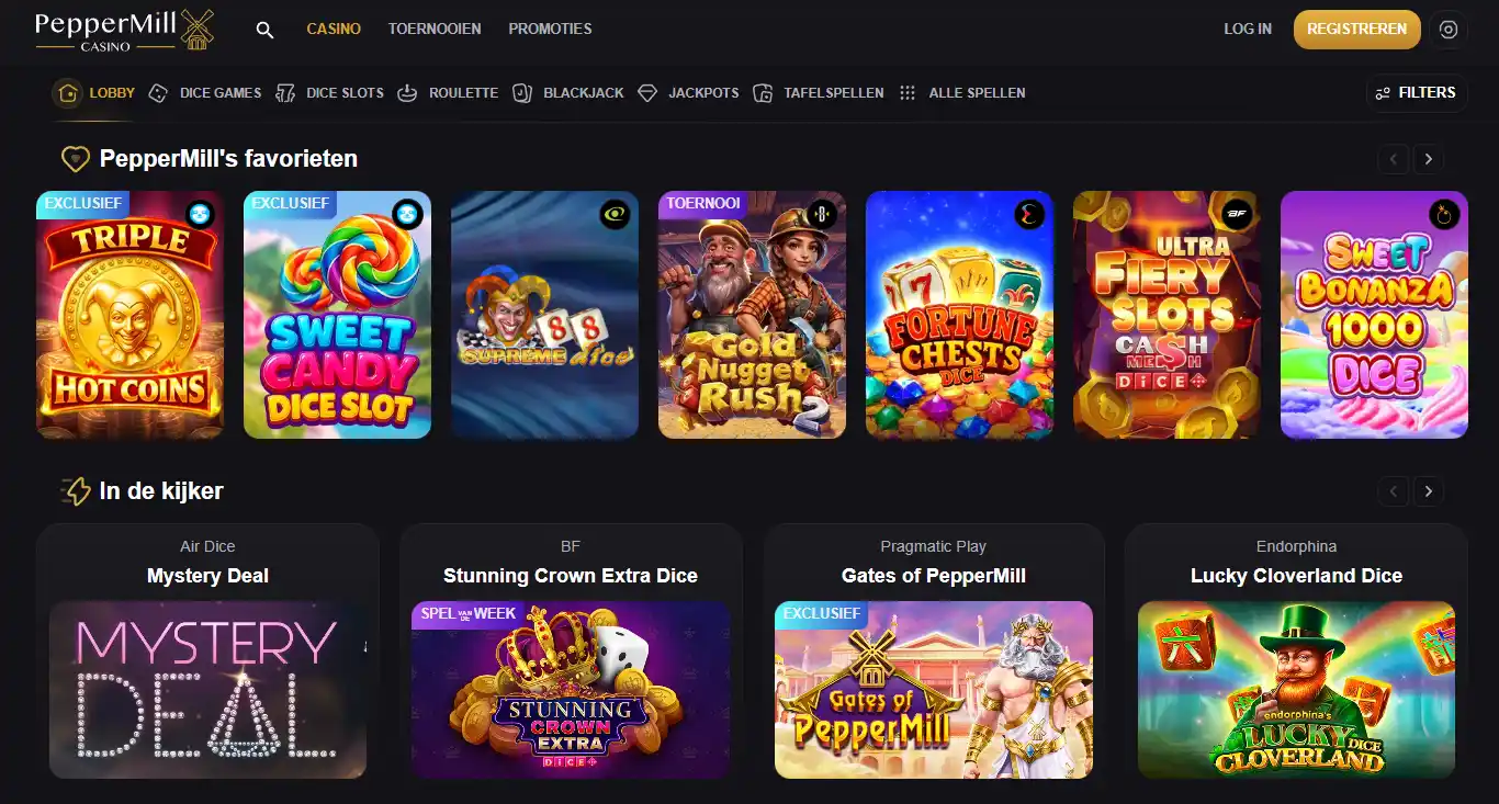PepperMill spellobby met dice games en andere casinospellen