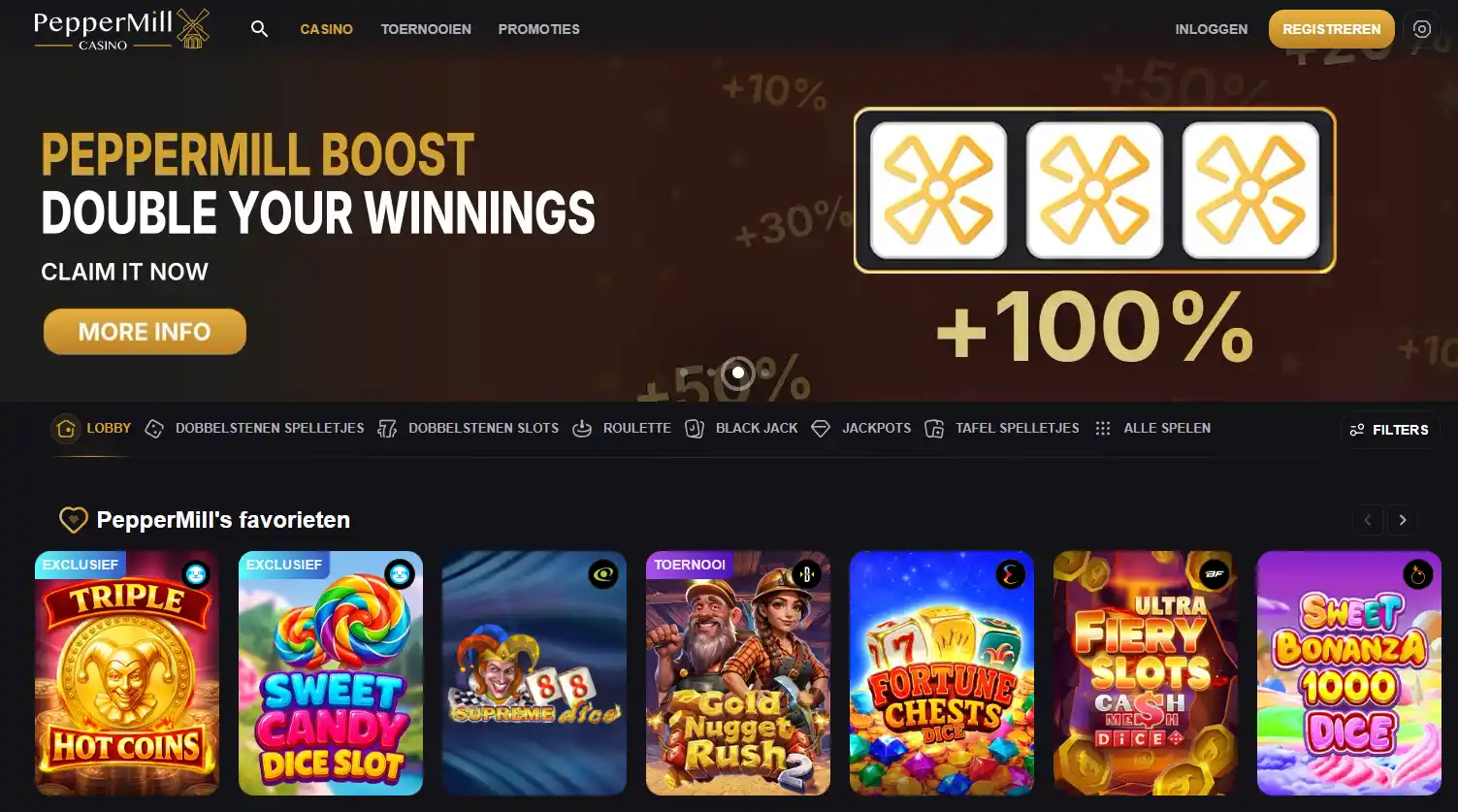 PepperMill Casino interface en game lobby